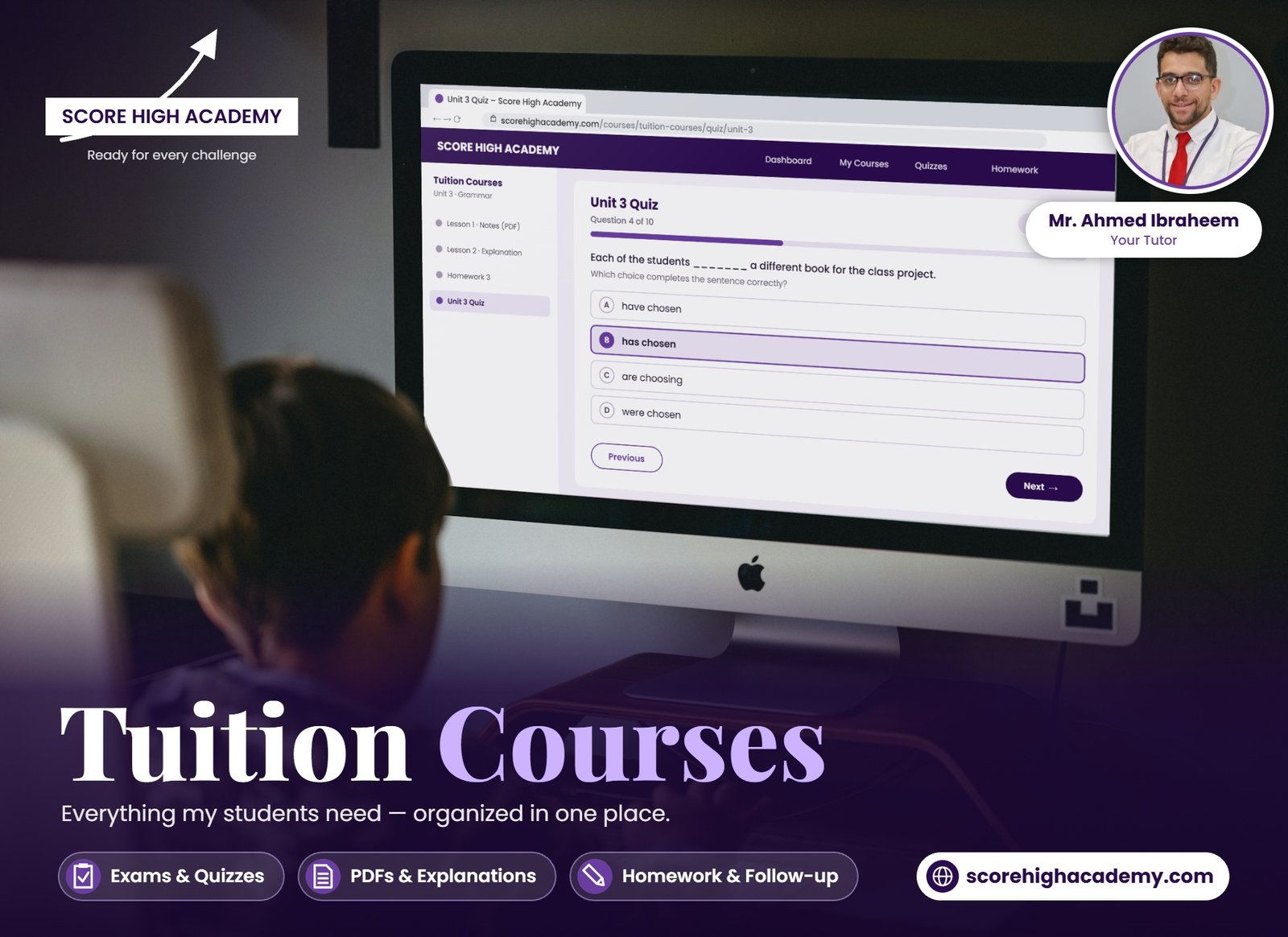 Middle school student taking a quiz on scorehighacademy.com – Tuition Courses with Mr. Ahmed Ibraheem